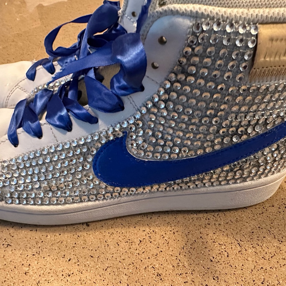 Nike Blazers, blue swoosh. Custom made with crystals. Size 8